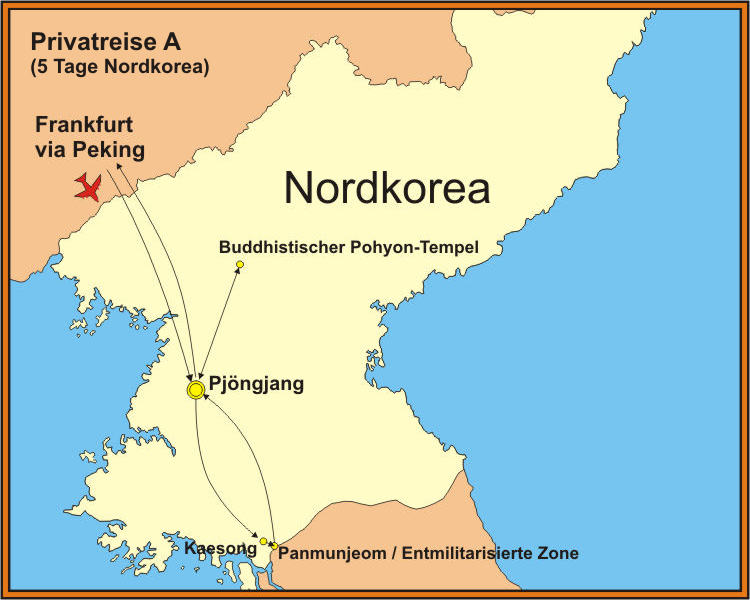 Karte der Reiseroute fuer den Urlaub in Korea
