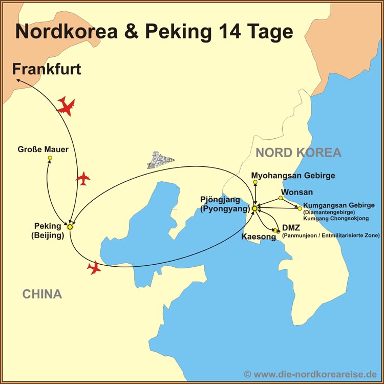 Karte der Reiseroute sommer in Nordkorea
