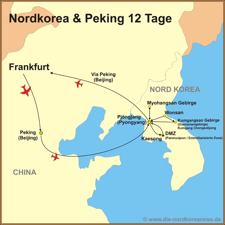 Karte der Reiseroute sommer in Nordkorea