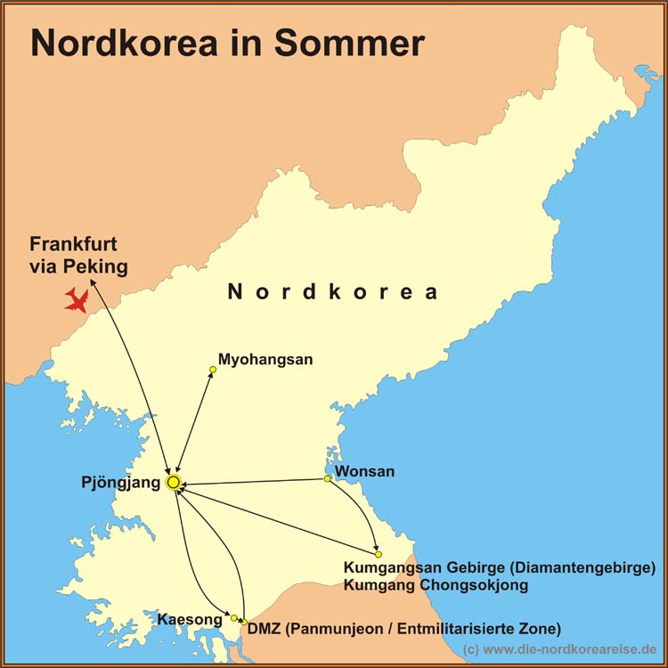 Karte der Reiseroute sommer in Nordkorea